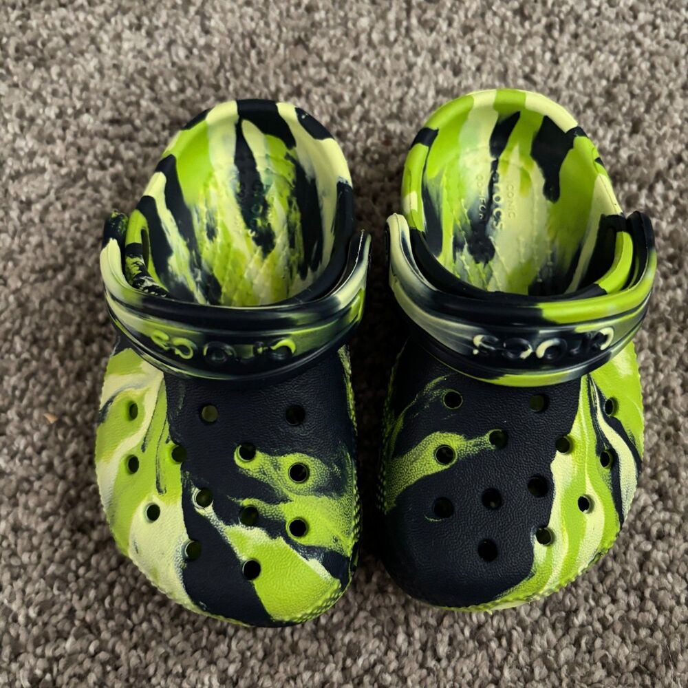 Crocs Kids Classic Clog Blue Neon Green Marbled Camo Slip On Shoes Size C6